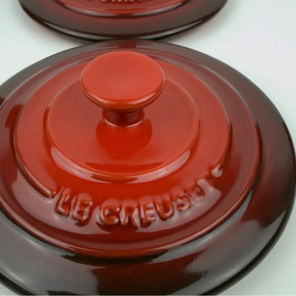 Le Creuset Cerise Red 8 oz Mini Round Cocotte Stoneware Set of 2 New